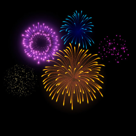 Realistic explosions of fireworks in yellow, purple, blue colors.のイラスト素材