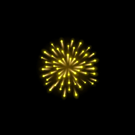 Realistic fireworks salute with shining sparks, vector yellow explosion festive firecracker burst, holiday celebrationのイラスト素材