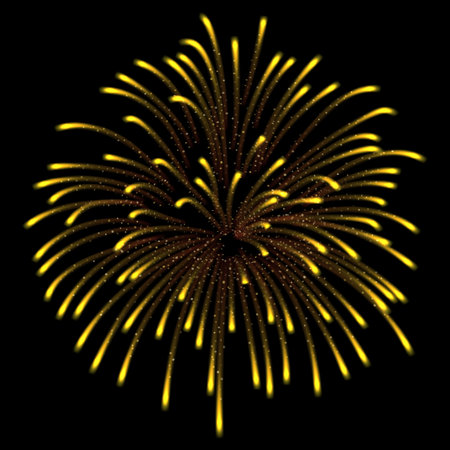 Vector illustration of yellow neon color firework explosion with small glowing particles.のイラスト素材