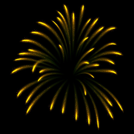 Fireworks salute with yellow shining sparks, vector realistic explosion festive firecracker burst, pyrotechnic fireのイラスト素材