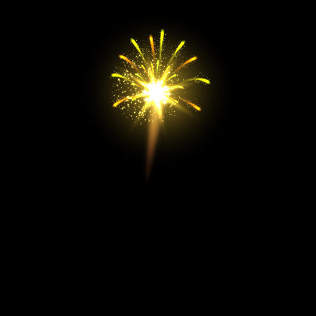 Fireworks salute bang shining sparks, vector yellow explosion festive firecracker salute burst, pyrotechnic rocket fireのイラスト素材