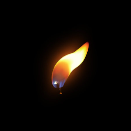 Realistic candle fire flame, vector 3D flare texture on black background, closeup burning wick, memorial candlelightのイラスト素材