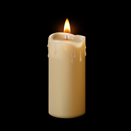 Burning candle with flowing wax 3D vector illustration, realistic glowing lit paraffin candle with fire flameのイラスト素材