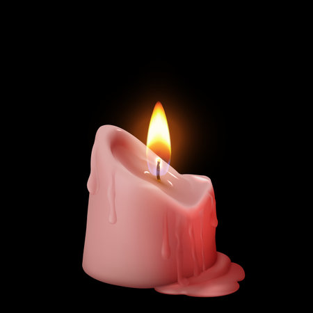 Burning wax candle, pink color with burning flame and melted paraffin.のイラスト素材