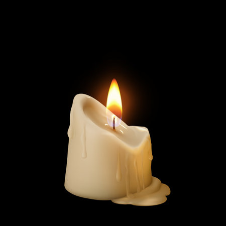 Realistic burning candle with flowing wax 3D vector illustration, glowing lit melted paraffin candle with fire flameのイラスト素材