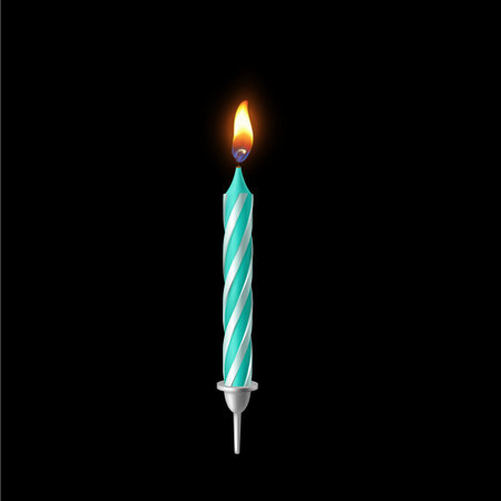 Realistic wax candle with green stripes, lit wick with flame, stand.のイラスト素材
