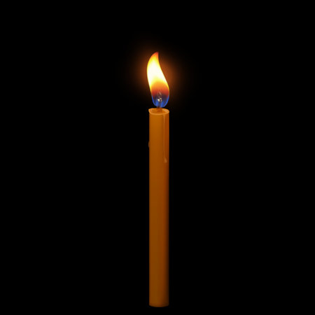 Burning candle with flowing wax 3D vector illustration, realistic thin long glowing lit paraffin candle with fire flameのイラスト素材