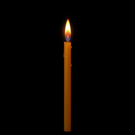 Realistic church wax candle with burning flame tongue on wick, glow effect.のイラスト素材