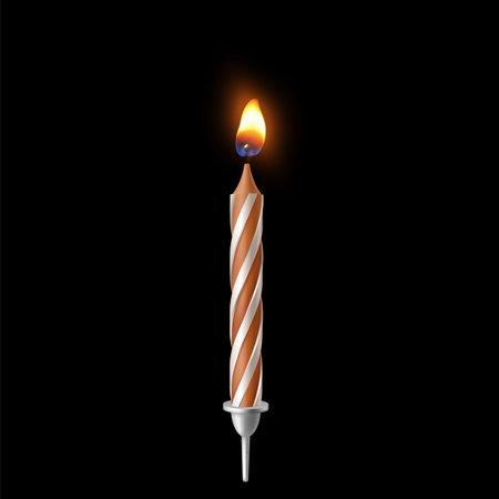 3D realistic candle striped orange color for birthday cake, vector holiday candle with burning flame candlelight on wickのイラスト素材