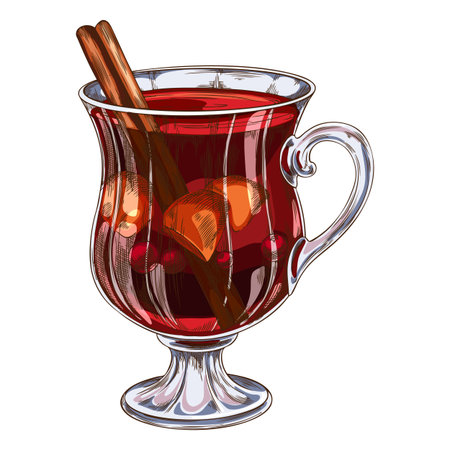 Glass of mulled wine with apples, ginger, mistletoe berries and cinnamon rolled sticks vector sketch, hot winter drinkのイラスト素材