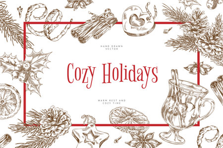 Cozy holidays vector engraved sketch banner design, glass of mulled wine with spices and fruits, hand drawn hot drinkのイラスト素材