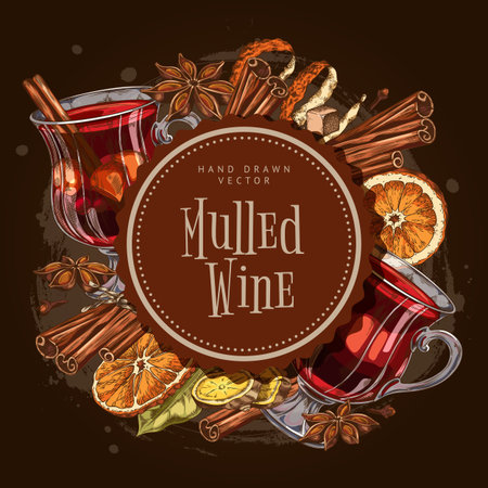Glass of mulled wine with spices and fruits, vector sketch round label design, hand drawn hot winter drinkのイラスト素材