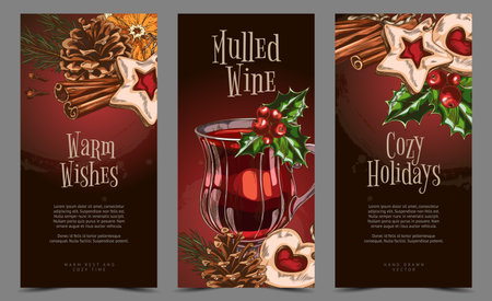 Glass of mulled wine with spices and fruits, vector poster sketch design set, hand drawn hot winter drink, cozy holidayのイラスト素材