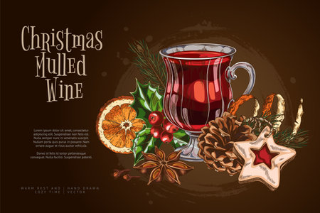 Glass of mulled wine with spices and fruits, vector sketch banner design, hand drawn hot winter drink, cozy holidayのイラスト素材
