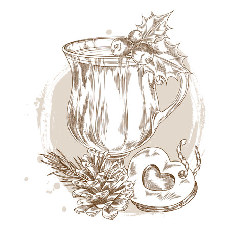 Glass of mulled wine decorated with mistletoe berries with leaves vector engraved sketch, pine cone and branch heart tagのイラスト素材
