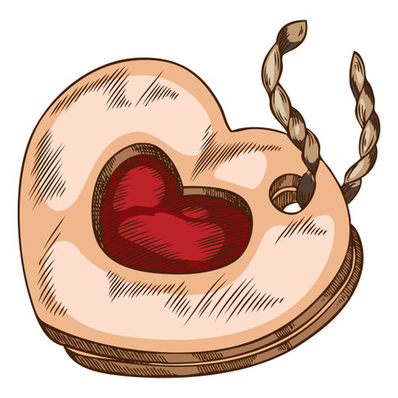 Wooden tag on a rope heart shape vector sketch icon, promo or gift decoration, hand drawn design craft decorative labelのイラスト素材