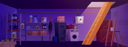 Basement with wooden stairs, shelves, inventory, washing machine, detergents, boxes and crates.のイラスト素材
