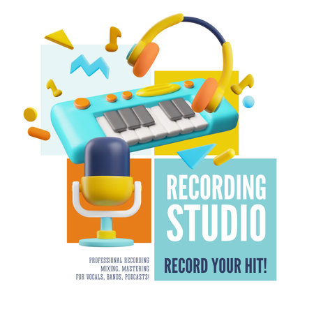 Professional recording studio, mixing, mastering, electric piano, microphone and headphones 3D vector poster designのイラスト素材