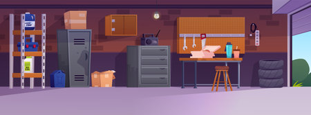 Vector garage interior with table, tools, shelves, metal cabinet, boxes, tires and open gate.のイラスト素材
