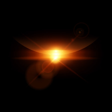 Sunrise or sunset horizon, solar or moon with orange blur spark effect vector illustration, glowing aura shiny raysのイラスト素材