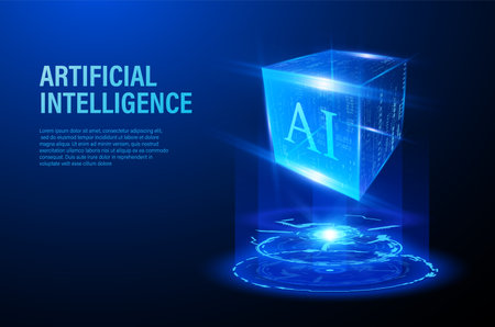 Energy glow round with virtual neon cube 3D projection vector banner design, Artificial intelligence high technologyのイラスト素材