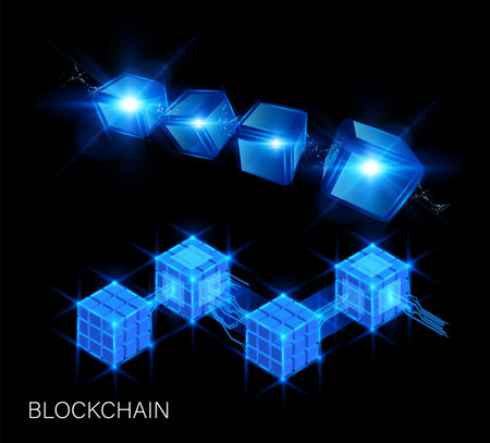 Blockchain vector design, energy glow cube blocks flight, shiny blue neon 3D square shape high tech cyber boxes compoundのイラスト素材