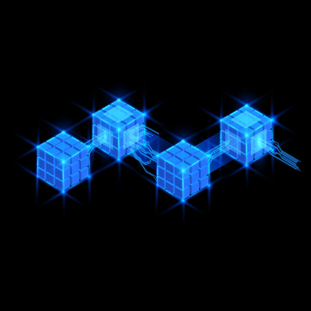 Blockchain vector design, energy glow cube blocks connection, shiny blue neon 3D square shape, cyber boxes compoundのイラスト素材