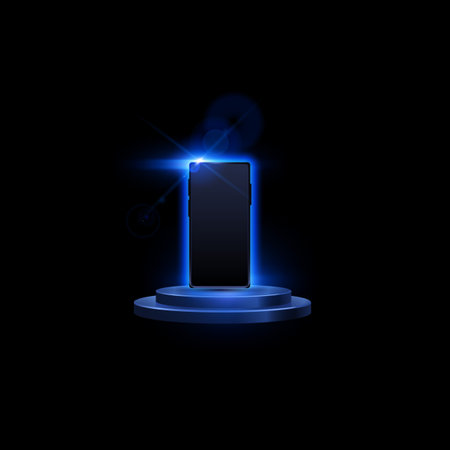 Smartphone with black screen in glow neon blue light, presentation mock up on stage, 3d vector gadget on shiny podiumのイラスト素材