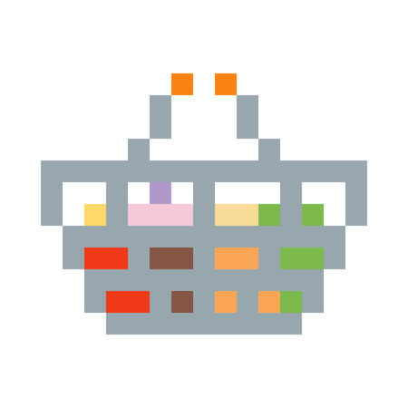 Shopping basket with food products pixel art vector icon, 8 bit game container for grocery purchases carrying handle boxのイラスト素材