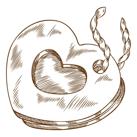 Holiday heart shaped cookie on a string, monochrome hand sketch.のイラスト素材