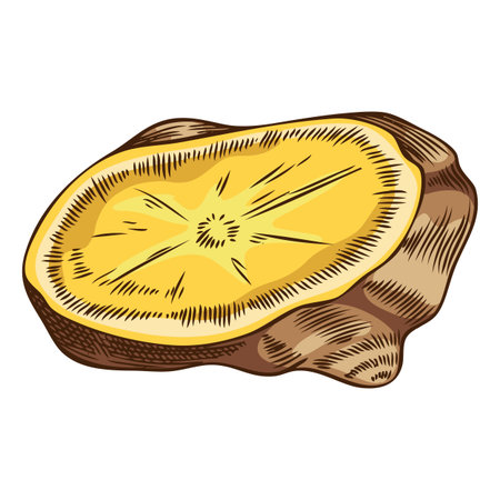 Fresh ginger root slice sketch, aromatic spice plant, mulled wine ingredient, vector hand drawn medicinal fragrant herbのイラスト素材