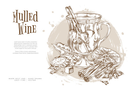 Poster with a glass of mulled wine with ingredients, cinnamon, orange, ginger, bay leaf.のイラスト素材