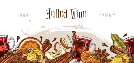 Glass of mulled wine with spices and fruits, vector seamless border sketch design, hand drawn hot winter drinkのイラスト素材