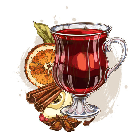 Watercolor sketch of mulled wine with orange, apple slices and spices, cinnamon, anise, cloves.のイラスト素材