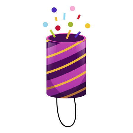 Party popper tube with confetti, serpentine, party colorful firecracker launch, cartoon vector festive holiday surpriseのイラスト素材