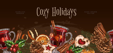 Glass of mulled wine with spices and fruits, vector seamless border sketch design, hand drawn cozy holidays drinkのイラスト素材