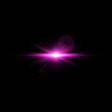 Bright pink space flash with rays and glare on black isolated background.のイラスト素材