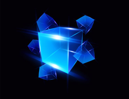 Glowing transparent cube with small cubes in a circle, with rays, neon blue color.のイラスト素材