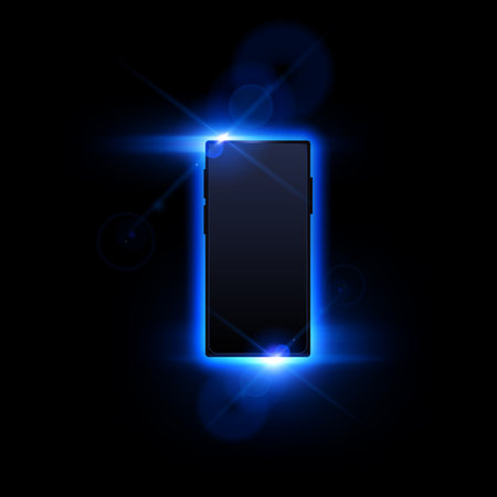 Mobile phone in glowing neon blue rays and glare on isolated black background.のイラスト素材