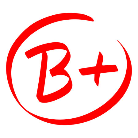 Exam score red symbol, grade result B, good test result letter with plus in circle handwritten student evaluation signのイラスト素材