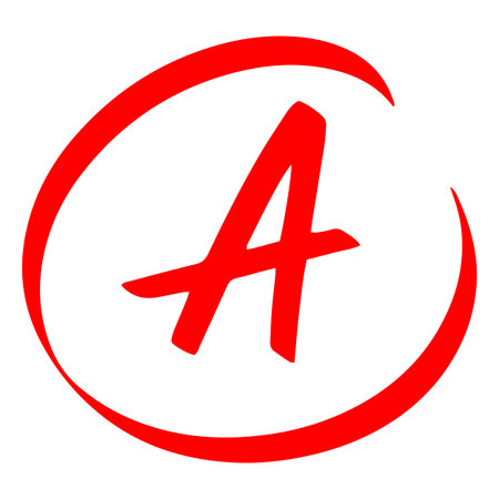 Exam score red marker symbol, grade result - A, high test result letter in circle, handwritten student evaluation signのイラスト素材
