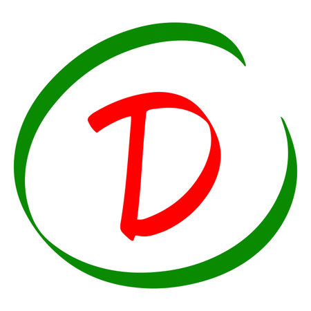 Exam score marker symbol, grade result - D, test result red letter in green circle, handwritten student evaluation signのイラスト素材
