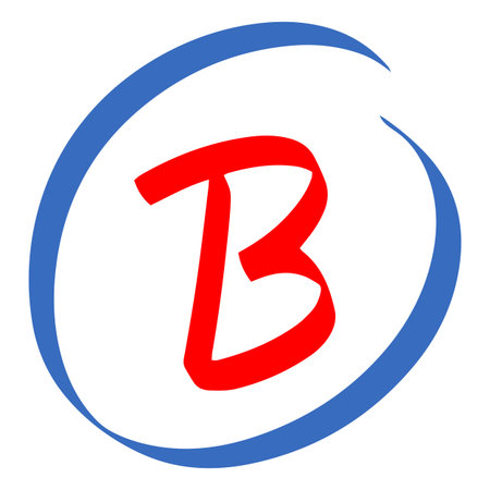 Exam score symbol, grade result - B, good test result red letter in blue circle, handwritten student evaluation signのイラスト素材