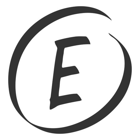 Exam score black marker symbol, grade result E, test result grade letter in circle, handwritten student evaluation signのイラスト素材