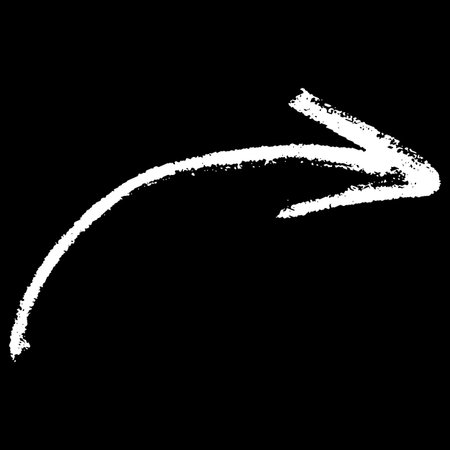 White crayon sketch curve arrow on black background, scribble pointer mark, right direction sign chalk pencil textureのイラスト素材