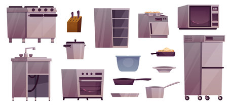 Kitchen professional equipment and utensils collection, vector flat illustration.のイラスト素材