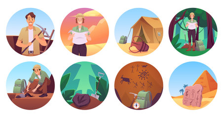 Archeology excavation in desert near ancient Egypt civilization, tent and equipment, historic old artifacts vector setのイラスト素材