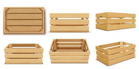 Set of realistic wooden crates from different sides, from the side and from the top.のイラスト素材