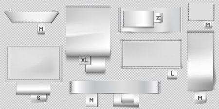 White different textile label sewn vector set, vector realistic cloth fabric tag with size, cotton or silk badge mockupのイラスト素材