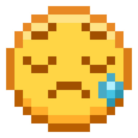 Unhappy emoji emoticon pixel art vector icon, yellow sad cry face with a tear, 8 bit retro video game avatarのイラスト素材